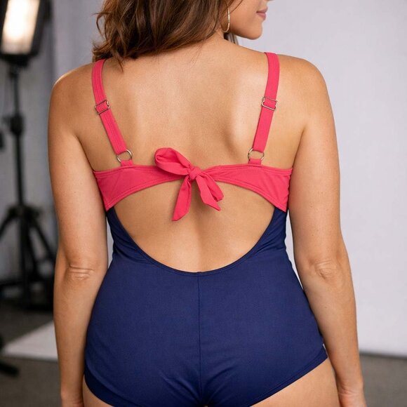 Plus 1Pc Ruched Front Swimsuit Women Size 14 Navy Blue Swimwear with Front Jewel - Picture 4 of 9